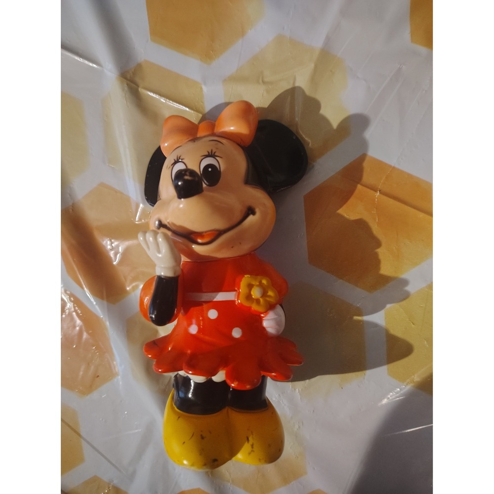 Vintage Disney Minnie Mouse Plastic Coin Bank Red Polka Dot Dress Collectible